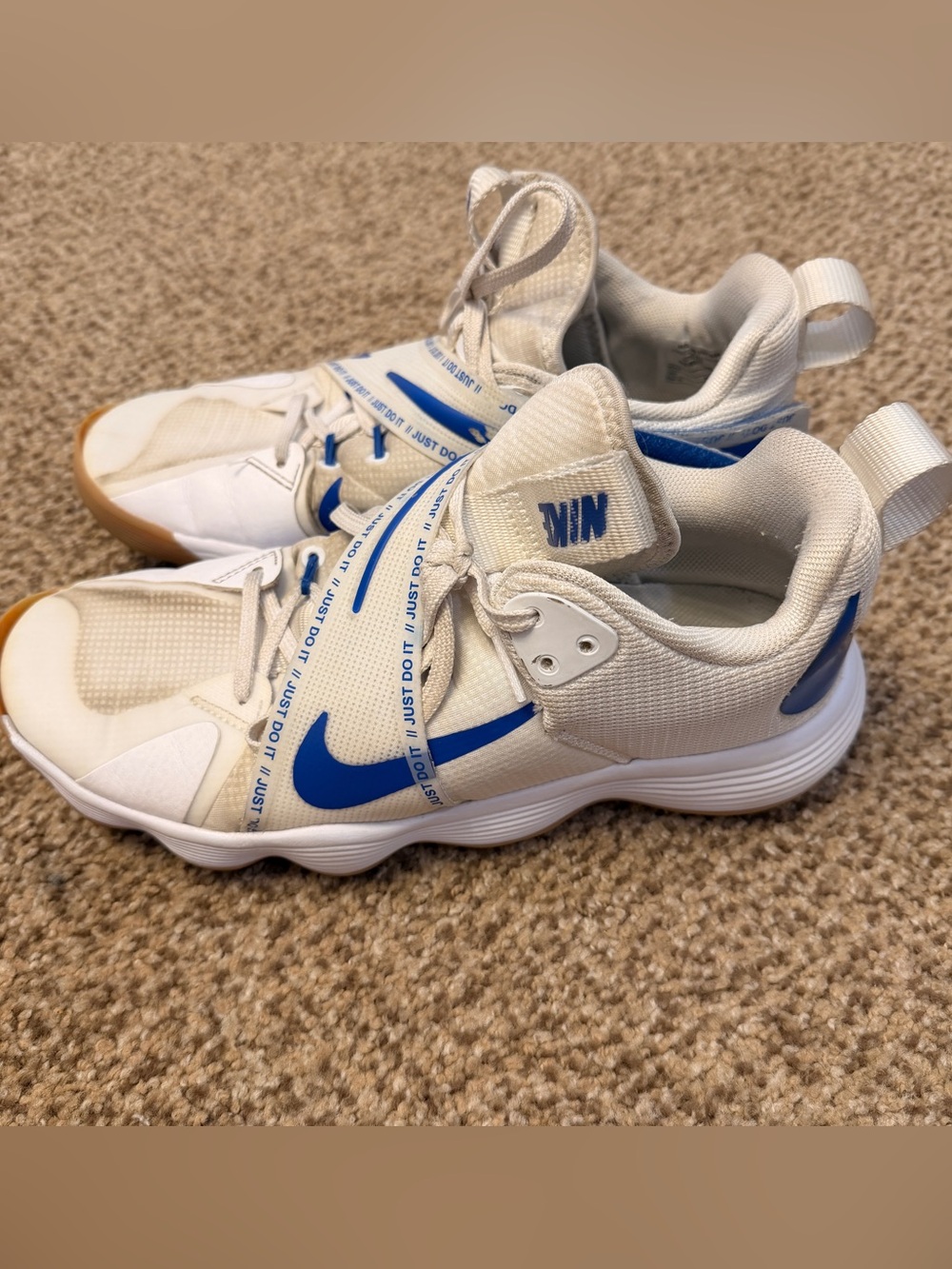 Nike White and Blue Volleyball Sneakers with Gum Toe Accents. Size 8